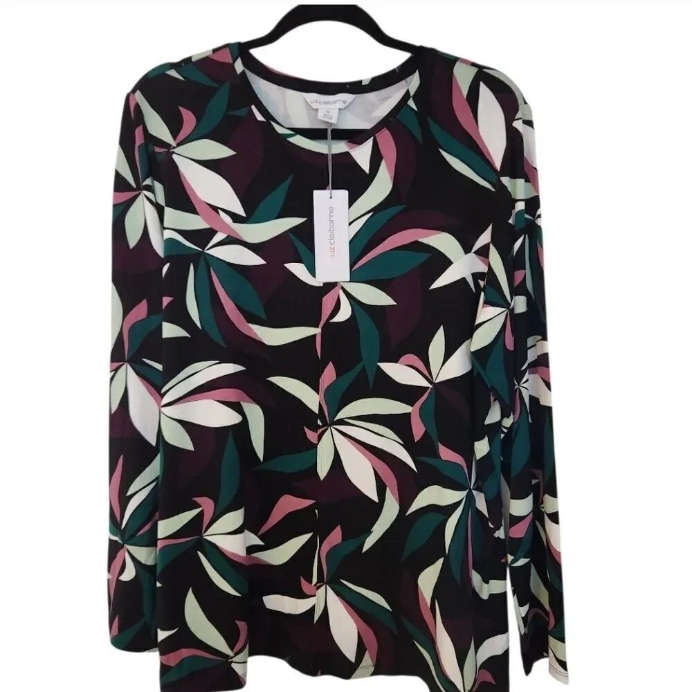 Liz Claiborne Womens Multicolor Print Long Sleeve Rayon Top Size XL
